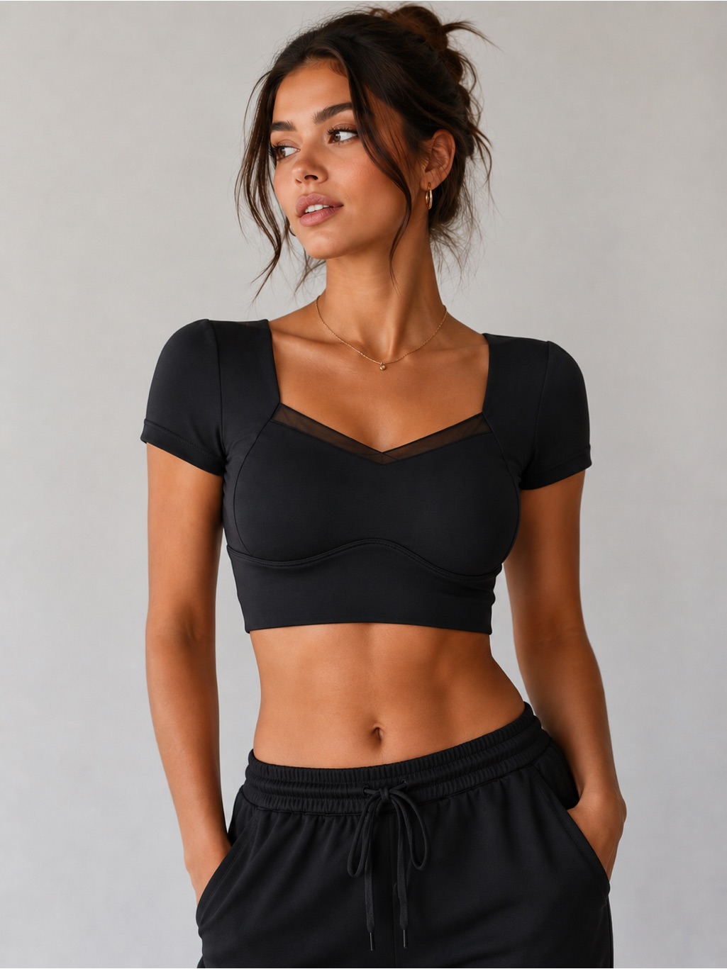 Final Sale Halara Sweetheart Cropped Padded Short Sleeve Mesh Detail Black